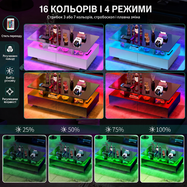 YITAHOME журнальний стіл білий, глянцевий з LED підсвіткою 16 кольорів, сучасний столик у вітальню з відкритою полицею та 4 висувними шухлядами, 90x55x41,1 см