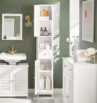 SoBuy FRG236-W Високий шафа для ванної кімнати, білий, 32x170x30 см, з відкритою полицею, шухлядою та дверцятами
