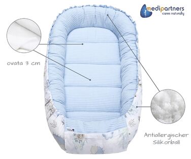 Дитяче гніздо-лежак Medi Partners з бавовни Waffle, 100x60x15 см, для немовлят, з принтом оленя та їжака, світло-блакитне, безпечний замок, переносне ліжечко