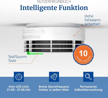 Hekatron Genius Plus: Детектор диму з 10-річним терміном служби батареї, переможець Stiftung Warentest, Made in Germany, з клейкою підкладкою, з підтримкою додатку, багатомовний, 1 шт. (радіодетектор диму з радіомодулем)