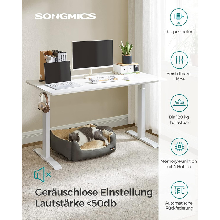 Електричний письмовий стіл SONGMICS, 120x60 см, з регулюванням висоти, подвійним мотором, пам'яттю на 4 висоти, захистом від зіткнень, чорний