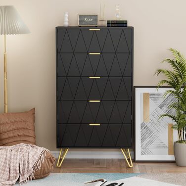Комод UEV з 5 висувними ящиками, 60x34x110 см, сучасний чорний шафа для зберігання, тумба у вітальню, спальню чи коридор