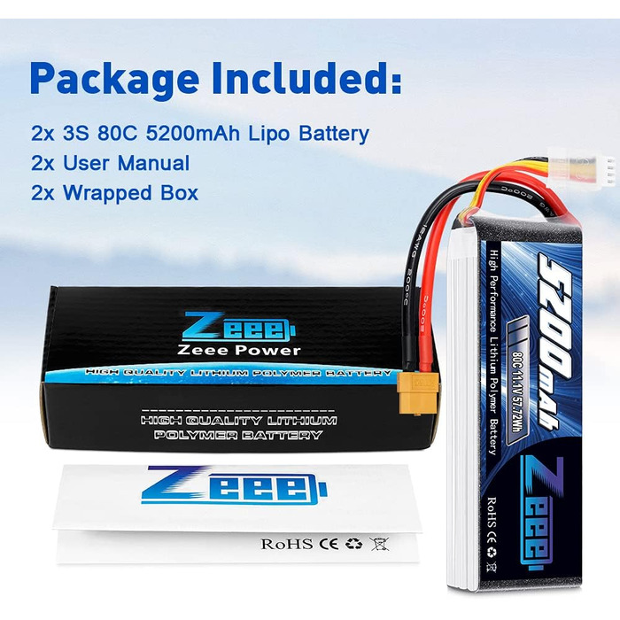 Акумулятор Zeee 3S LiPo 5200mAh 11.1V 80C з роз'ємом XT60 для RC моделей (набір 2 шт.)
