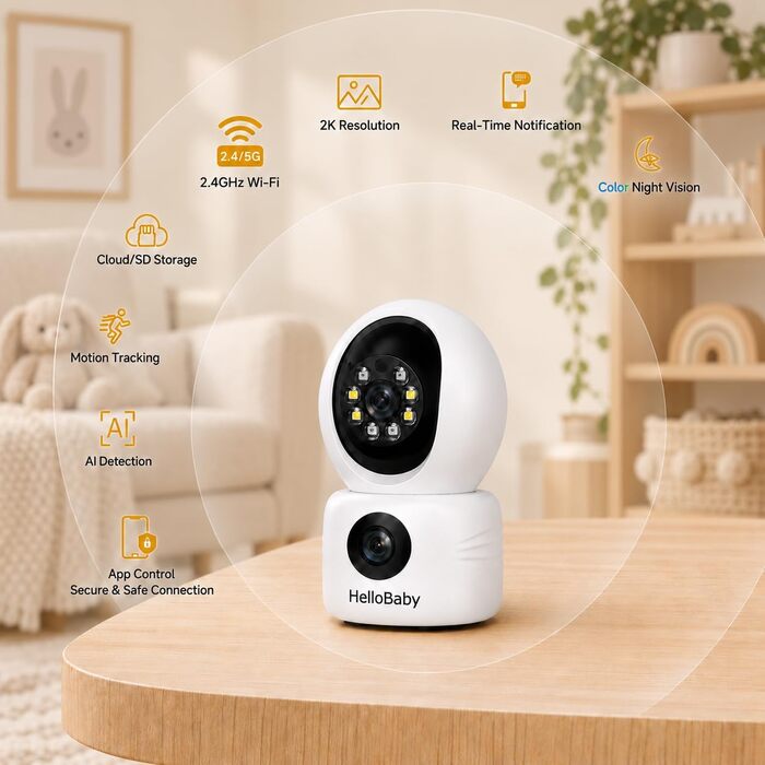 Відеоняня HelloBaby WiFi з камерою, нічним баченням та датчиком руху, двосторонній аудіозв'язок, керування через додаток, підтримка Cloud/SD карти пам'яті (Білий)
