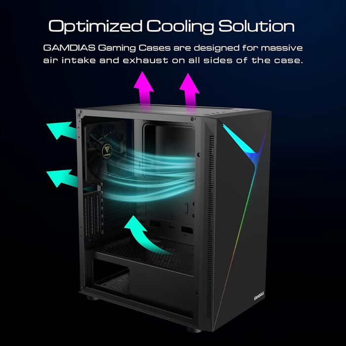 Ігровий корпус для ПК GAMDIAS ARGUS E4 Elite, Mid-Tower ATX, загартоване скло, ARGB підсвічування, 120 мм вентилятор, підтримка ATX
