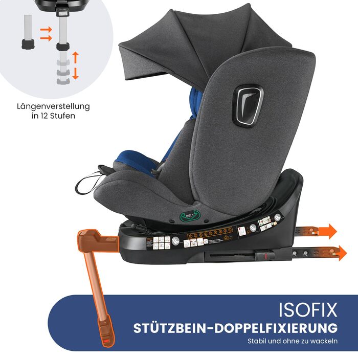 Дитяче автокрісло Jovikids 360° з ISOFIX, i-Size 40-150 см (від народження до 12 років), реверсивне, з відкидною спинкою та знімним капюшоном, синє, ECE R129
