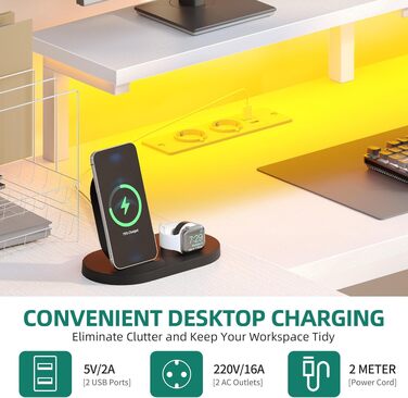 Кутовий письмовий стіл YITAHOME з 4 шухлядами та LED-підсвіткою, 158x100 см - ігровий стіл для дому/офісу з монітором, розетками та USB (білий)