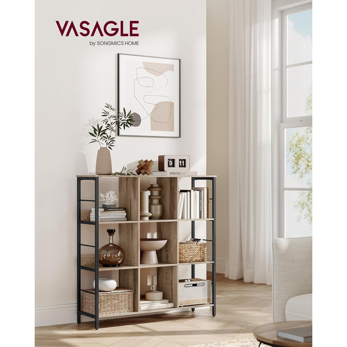 Регуль VASAGLE з 2 ярусами, полиця-стійка з 6 відділеннями, для вітальні, спальні, кабінету, кухні, 33 x 120 x 80 см, вінтажний коричневий + чорний