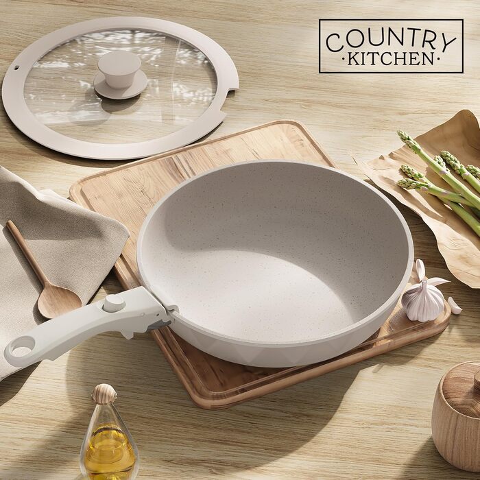 Набір посуду та сковорідок Country Kitchen, 13 предметів, антипригарне покриття, знімна ручка, підходить для духовки та кемпінгу (Rhombus, кремовий)