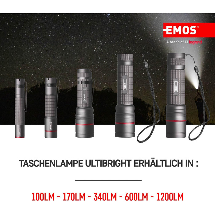 Ліхтарик EMOS Ultibright 60, CREE LED, металевий, ударостійкий і водонепроникний IP65, 170 лм, до 100 м, з кліпсою та ручкою, чорний, для дому та вулиці