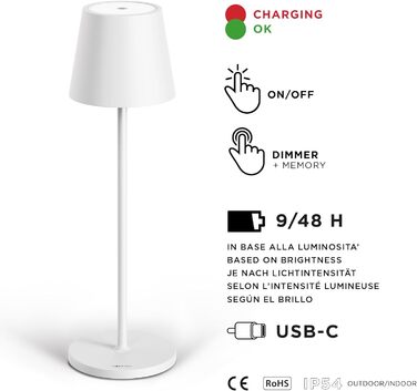 Світлодіодна настільна лампа Stilosa Classica 3, димуюча, акумуляторна, IP54 для дому та вулиці, тепле світло, дизайнерська, USB-C, матово-біла, кругла основа, 38 см