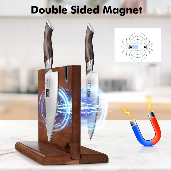 Магнітний тримач для ножів HOSHANHO з точилкою, двосторонній, з міцним магнітом, з натурального акацієвого дерева для кухні