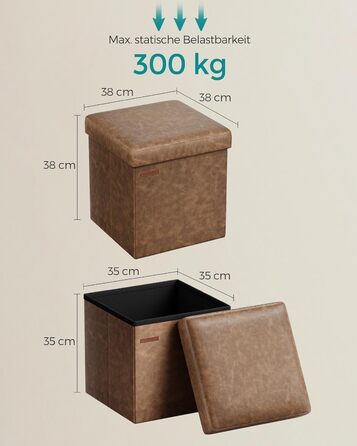 Складаний пуф SONGMICS 38 см, кавовий, зі штучної шкіри, з кришкою, до 300 кг, для передпокою, вітальні, спальні