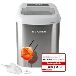 Льодогенератор KLAMER білий, 15 кг/добу, 2 розміри кубиків, 2,1 л, 120 Вт, таймер, тиха робота, лопатка, швидке приготування льоду за 7-9 хвилин