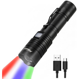 Alonefire X37 Тактичний LED ліхтар 4 кольори (зелений, синій, білий, червоний) RGB, USB-зарядка, водонепроникний, зум, з акумулятором і Powerbank для полювання, поліції, виживання, екстрених ситуацій, для вулиці