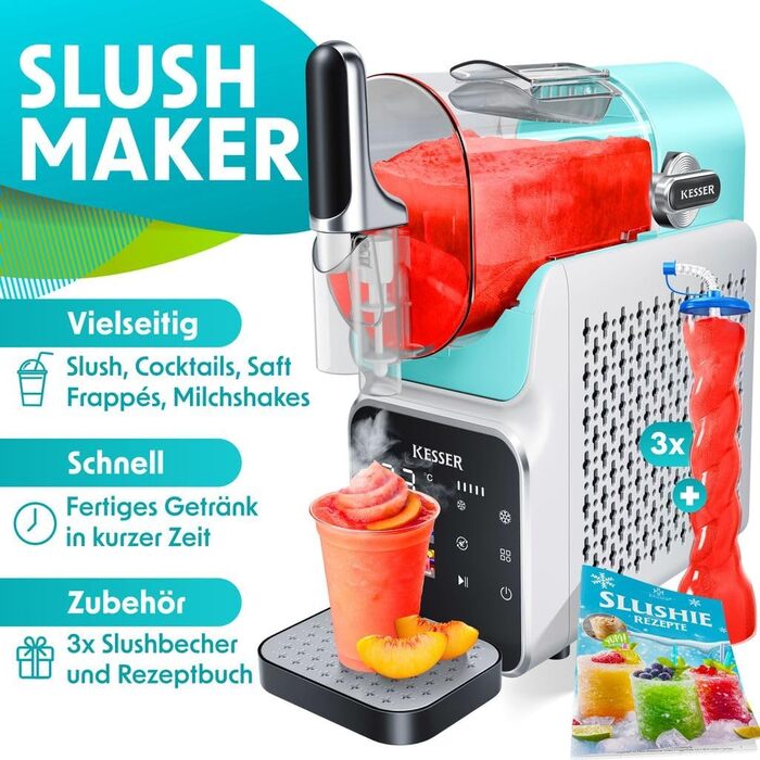 Машина для приготування сляшу KESSER® - сляш-мейкер 2л - для сляшу, коктейлів, фраппе, молочних коктейлів та замороженого соку - за 25 хв з 6 програмами - з 3 стаканами та книгою рецептів, (2 літри, світло-блакитний)
