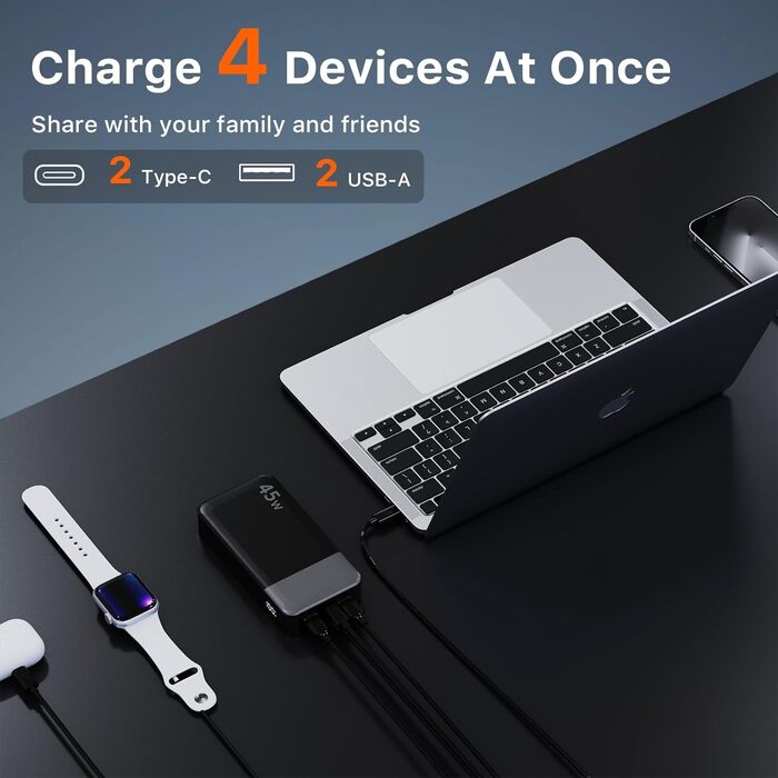 Портативний Power Bank JUOVI J2621, 20000mAh, 45W, сумісний з Switch, MacBook, iPhone, Samsung, Steam Deck та іншими пристроями (чорний)
