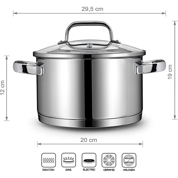 Каструля індукційна Linnuo 20 см з кришкою, 3,5 л, з нержавіючої сталі 18/10, холодна ручка, універсальна для всіх плит, підходить для макаронів та спагетті