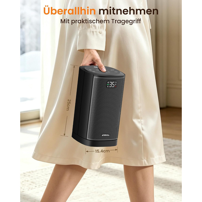Кварцевий електричний обігрівач Ateroll 2000W, компактний енергоощадний тепловентилятор з 3 режимами роботи, чорний квадратний