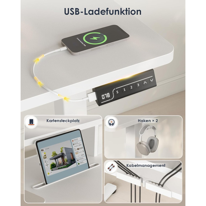 Електричний регульований стіл OffiGo для комп'ютера з шухлядою та USB, 140x60 см, білий клен. Ергономічний стіл для роботи сидячи/стоячи