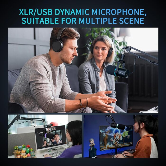 FEELWORLD PM1 Динамічний мікрофон XLR/USB з RGB-підсвічуванням для подкастів, геймінгу та YouTube. Комплект з підставкою та кабелем