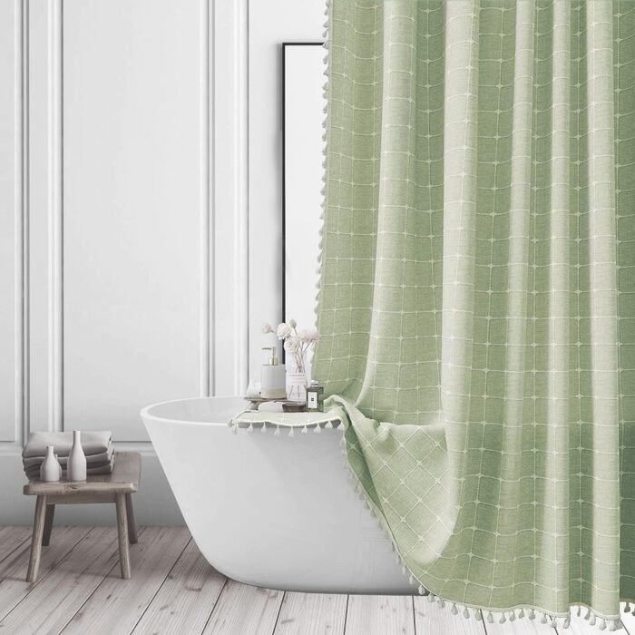 Завіса для душу Sage Green - Фармхаус Boho Modern з льону для ванної кімнати, Вінтажна Country, важка, з бахромою, Chic Bohemian, 48x72 см (1 шт.)
