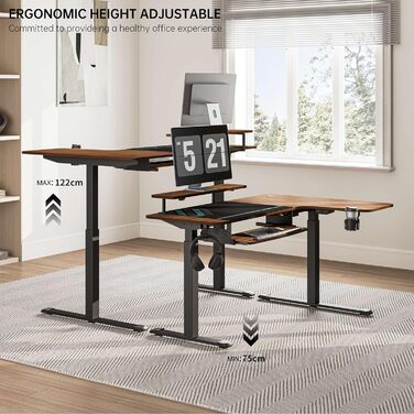 Електричний кутовий стіл для геймінгу EUREKA ERGONOMIC 155x110 см, з регулюванням висоти, клавіатурною полицею, LED-підставкою для монітора, лівий, колір горіх