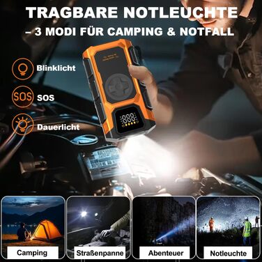 Пусковий пристрій (бустер) для авто Starthilfe 6000A з компресором 150 PSI, Powerbank 12V для бензинових та дизельних двигунів до 10л, з QC3.0, LCD-дисплеєм та ліхтарем, помаранчевий