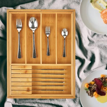 Органайзер для столових приборів Relaxdays з бамбука, висувний, з 2 блоками для ножів, роздільник для шухляди з 5-7 відділеннями, 5 x 56 x 43 см, натуральний, світло-коричневий