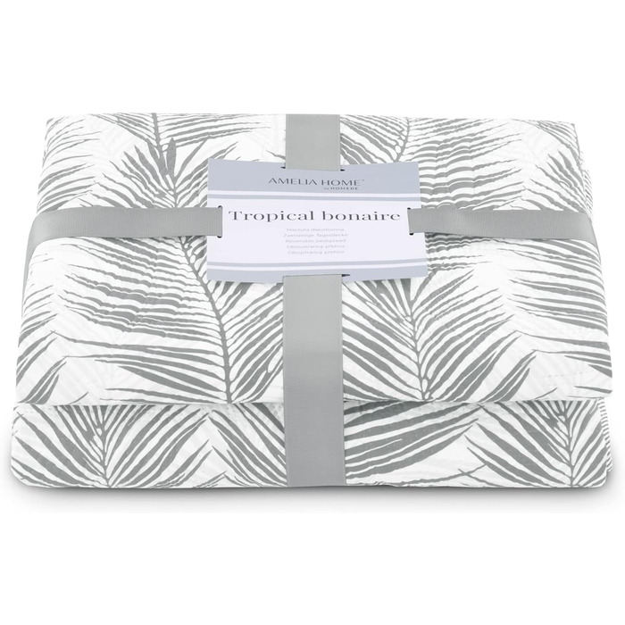 Покривало AmeliaHome Tropical Bonaire 260x280 см, двостороннє, стьобане, легкий догляд, рослинний візерунок, сірий/білий