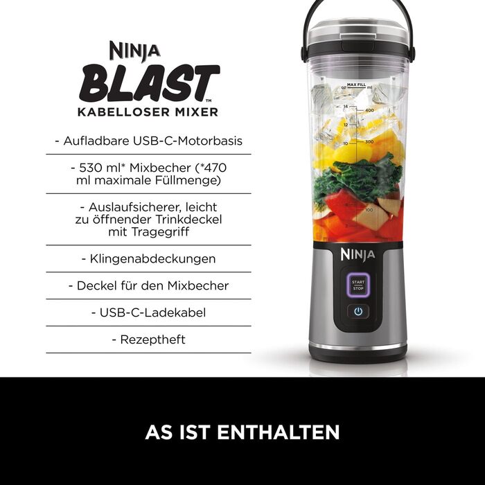 Портативний міні-блендер Ninja Blast 530 мл, бездротовий, акумуляторний, для смузі, з герметичною кришкою, подрібнює лід і фрукти, чорний, модель BC151EUBK