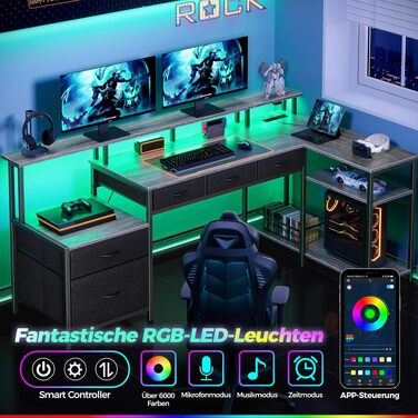 Кутовий ігровий стіл Rolanstar з шухлядами, розетка, LED, підставка під монітор 163 см, сірий - для дому, офісу