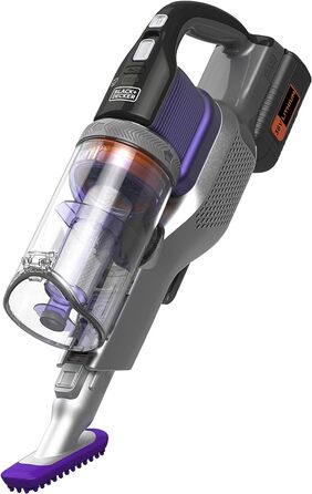 Акумуляторний пилосос BLACK+DECKER 4в1 для дому та тварин, 36В, 2.0А·год, без мішка, з електрощіткою для шерсті, 2в1 щілинна насадка, настінне кріплення, сріблясто-фіолетовий