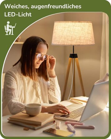 Торшер EDISHINE з диммером, тринога з дерева, дистанційне керування, LED E27, таймер, 3 кольори світла, льняний абажур, вінтажний стиль, для вітальні