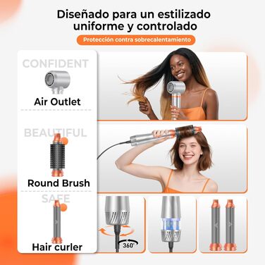 Hairstyler 5-в-1 з ефектом Coandă: Фен-щітка, автоматичний локон, об'єм та сушка (Помаранчевий)