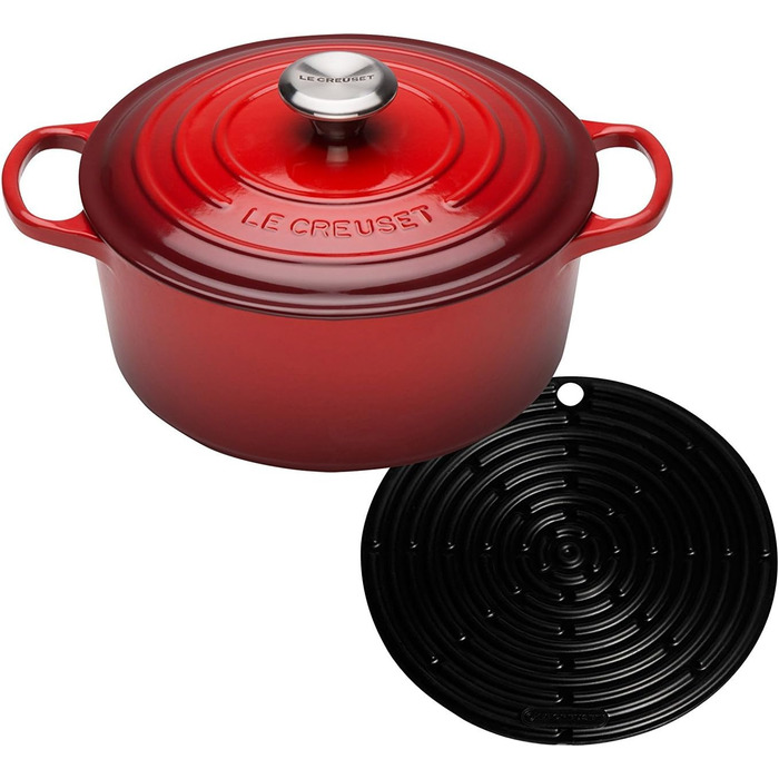 Le Creuset круглий чавунний жаровий посуд Signature 20 см, вишневий + силіконова прихватка кругла чорна