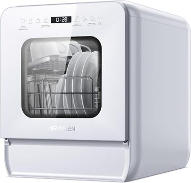 Мийка посуду AIRMSEN Mini для столу з резервуаром для води, ополіскувачем, 9 програм, 37*50 см, ультра-вузька, таймер 1-24 год, 360° подвійний розпилювач, шланг/без шланга, білий