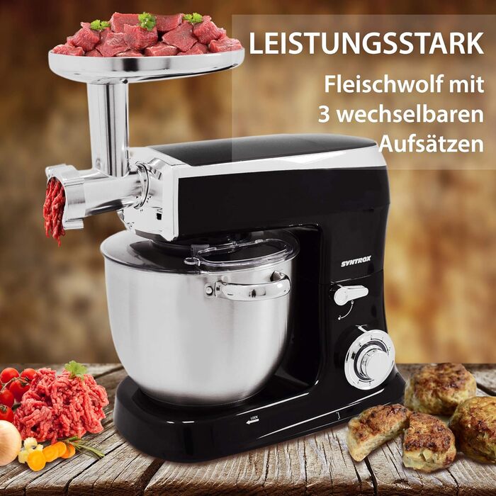 Кухонна машина Syntrox Germany 1500 Вт з м'ясорубкою, міксером, чашею з нержавіючої сталі 7,5 л, чорна