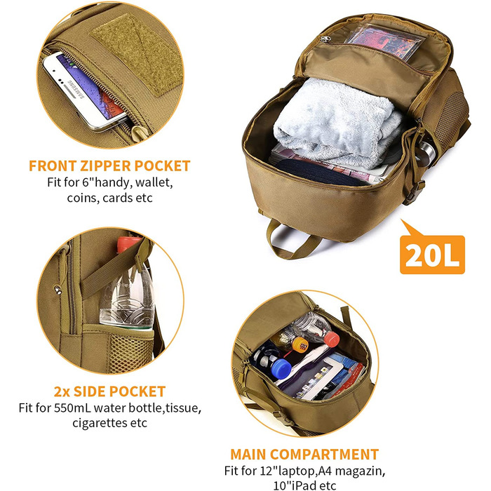 Тактичний рюкзак HUNTVP 20 л водостійкий Molle для спорту, школи, ноутбука, міський, військовий, коричневий