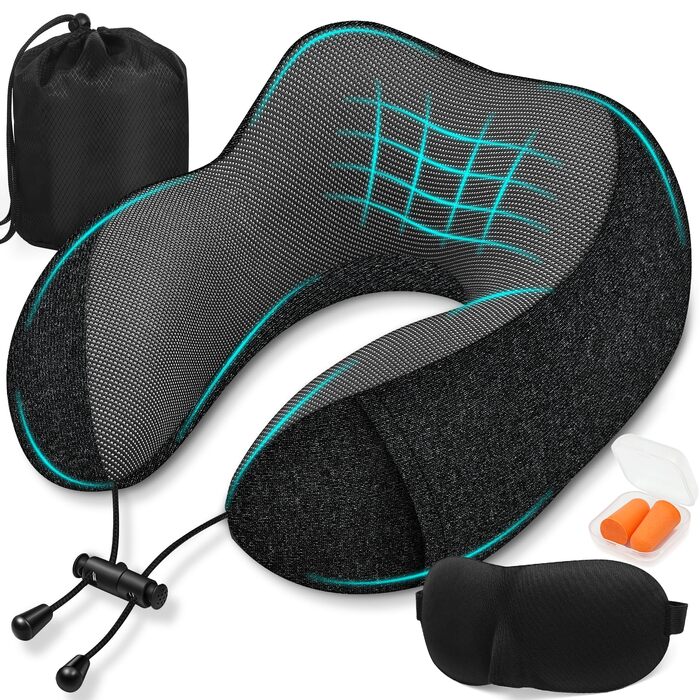 Подорожня подушка під шию з ефектом пам'яті (Memory Foam) для літака та авто, чорна, з 3D-маскою для сну та берушами