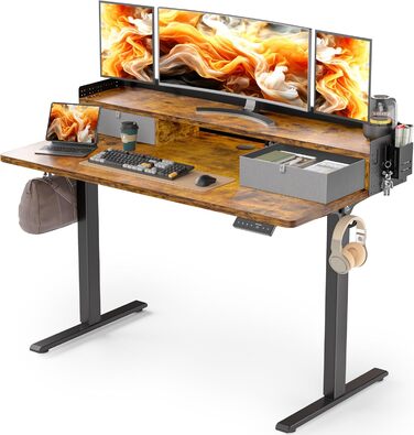 Електричний стіл WALKINGDESK з регулюванням висоти, 2 шухляди, 121,9x61 см, ергономічний робочий стіл для дому, з полицею, тримачем для ручок, гачком, рустикальний коричневий