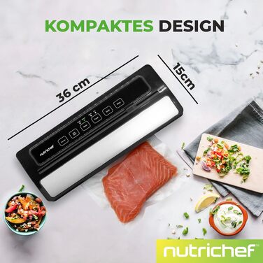 NutriChef PKVS Вакуумний пакувальник стартовий набір | Автоматичний запаювач пакетів | Компактна система для збереження свіжості продуктів | Перевірена в лабораторії, універсальна система консервації продуктів (Сухе/Вологе) | Срібно-чорний колір