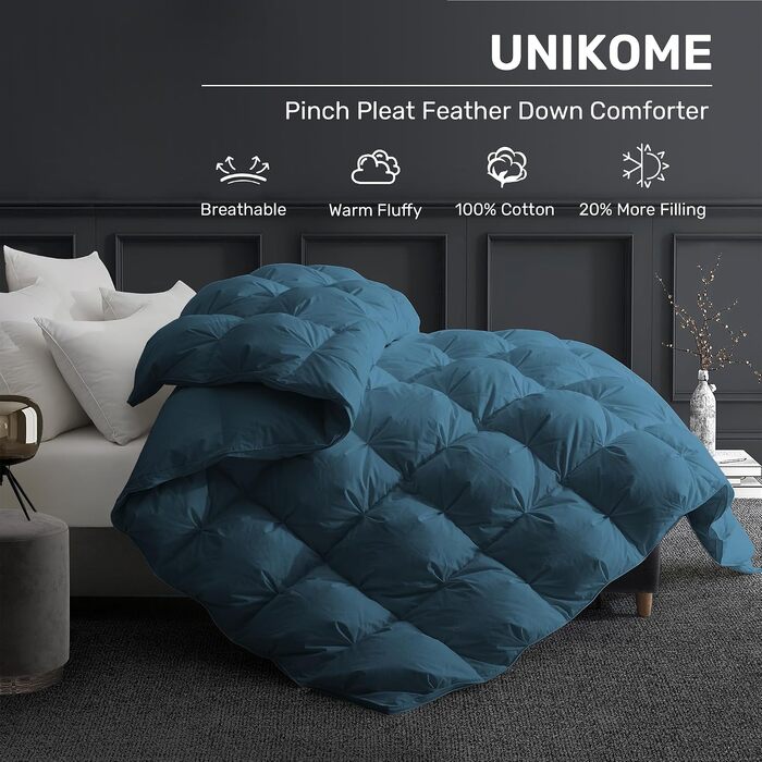 Всесезонна ковдра UNIKOME 155x220 см з гусячим пухом (1300г), чохол 100% бавовна, дихаюча 3D конструкція, сертифікати Öko-Tex та RDS, темно-синя