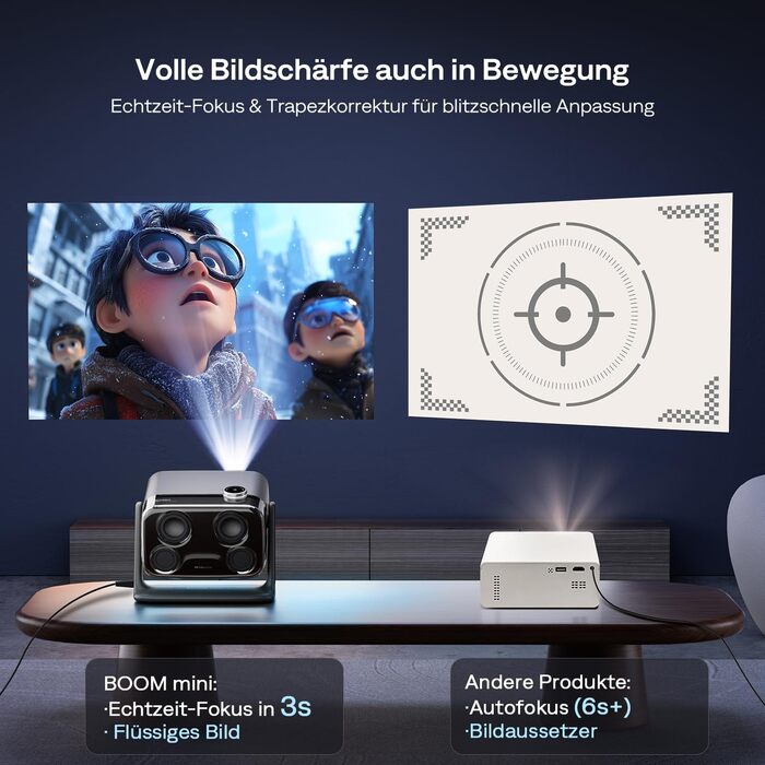 Проектор Aurzen Boom Mini 4-в-1 з Google TV, 4K, 20W Dolby Audio, Wi-Fi, Bluetooth, для дому та на вулицю, автоматичне фокусування, корекція трапецеїдальних спотворень, 500 ANSI люмен (Чорний)