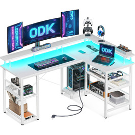 Ігровий стіл ODK з LED-підсвіткою, реверсивний кутовий стіл з 2 розетками та 2 USB, велика біла модель 150×102 см з сітчастою полицею