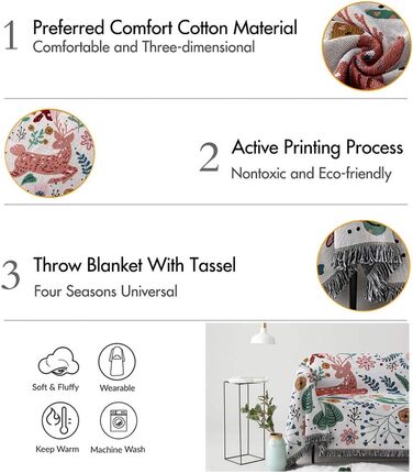 Покривало на диван та крісло HOORDRY з бахромою, 130x180 см, бавовна, бохо стиль, квітковий принт, Hirsch