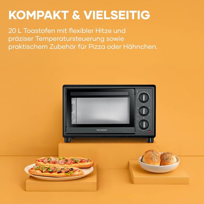 Міні-піч Severin Bake&Toast TO 2078, 20Л, 1600Вт, з конвекцією, таймером, каменем для піци та вертелом, чорна