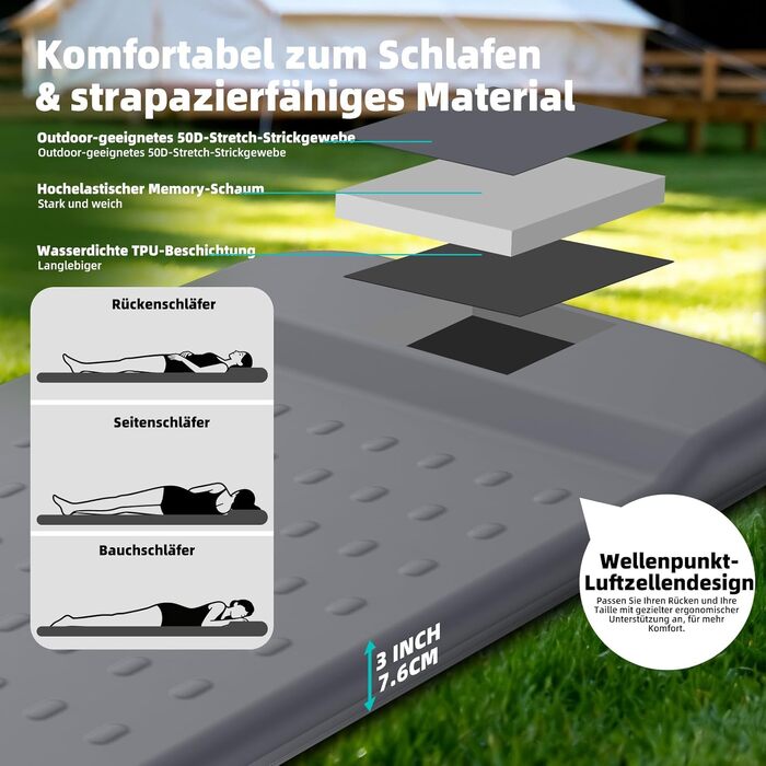 Самонадувний кемпінговий матрац KASIMO з ефектом пам'яті (Memory Foam), R-Value 9.5, потовщена туристична підстилка з подушкою для намету, авто та подорожей, сірий, одномісний