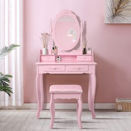 Туалетний столик ML-Design рожевий, з дзеркалом, пуфом і 4 шухлядами, 75x139x40 см, у стилі кантрі, косметичний стіл для жінок і дівчат, комод з МДФ для макіяжу
