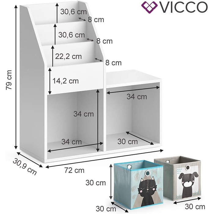 Дитяча книжкова полиця Vicco Luigi, біла, 72x79 см, з 2 складними коробками з малюнком песика та котика